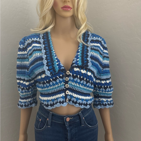 Host Pick! Farm Rio Multi Stitches Crochet Collar Blouse SZ L - Picture 6 of 9